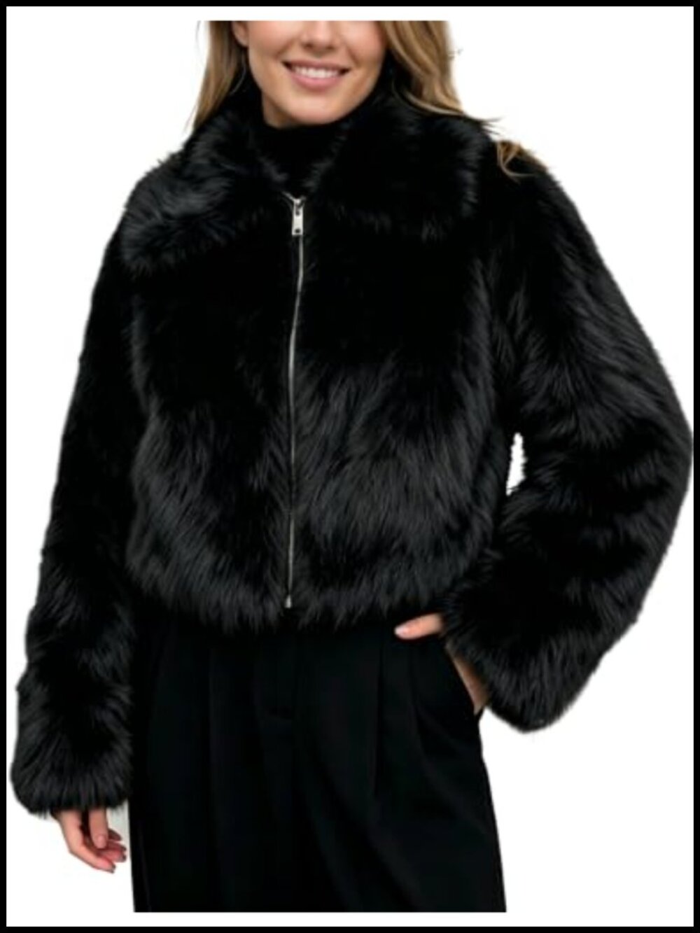 Faux Fur Cropped Zip Up Jacket Womens Furry Coat